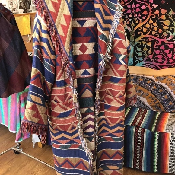 VINTAGE Maxi Aztec Blanket Sweater Coat - Picture 1 of 12